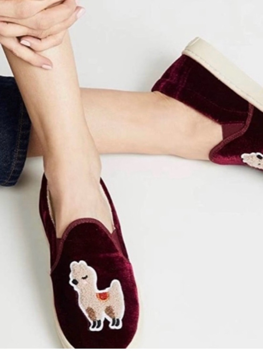 Soludos Burgundy Velvet Slip-On Loafers with Llama Patch